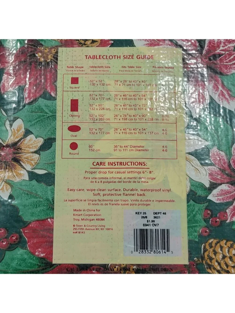 VTG Ashley Taylor Christmas Poinsettia Flannel Backed Vinyl Tablecloth 52x70 Ova
